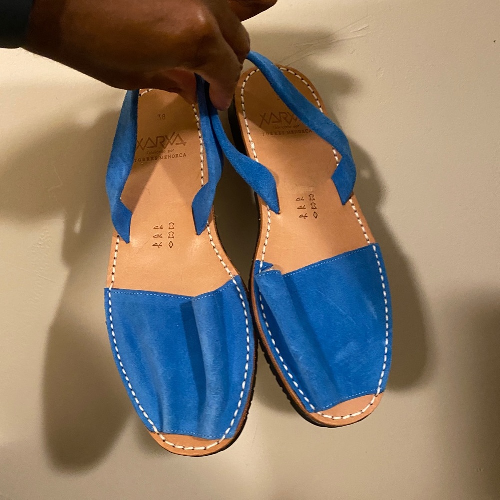 Calaxini Peep Toe Sandals in Blue Suede Well Worn